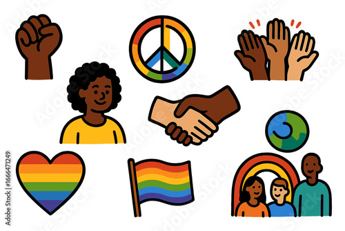Vector set of diversity and inclusion symbols. Community support icons for social movements like Pride and BLM. Peace sign, rainbow flag, interracial handshake, and family.