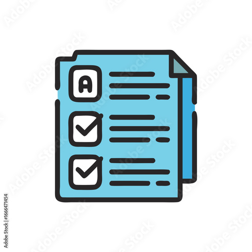 Exam paper with checkboxes and answers in blue outline style for education  
