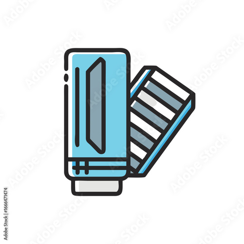Blue eraser and pencil sharpener in flat design style  
