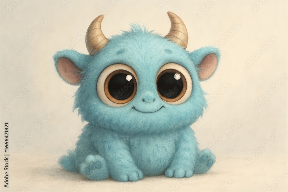 Fototapeta premium Adorable blue monster with horns.