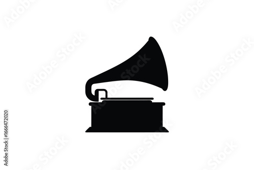 Gramophone music player with horn and turntable in simple black silhouette style