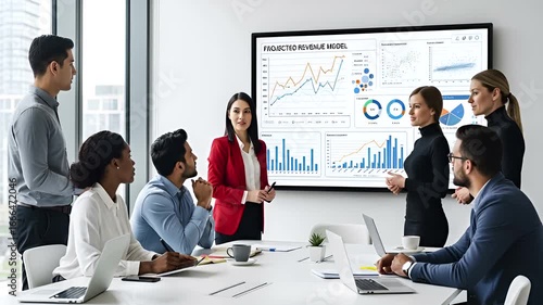 Engaging Business Presentation: Team Analyzing Revenue Model Data in Modern Office Setting