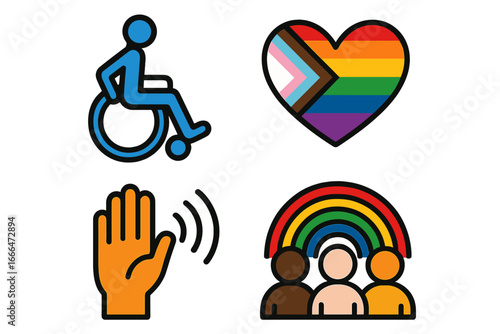 Inclusivity and diversity vector icon set. Symbols for accessibility, disability, LGBTQIA+ pride flag heart, and multicultural community. Concept for equality and social rights.