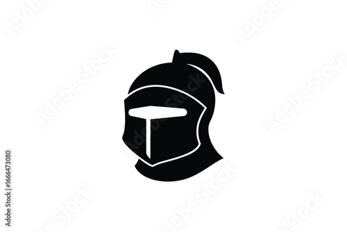 Medieval knight s helmet with face mask and pony tail in black silhouette