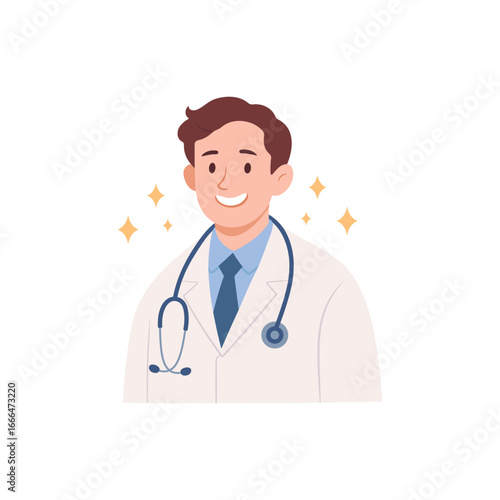 Smiling male doctor in white coat with stethoscope, professional healthcare worker. Medicine concept. Vector illustration isolated on white background.