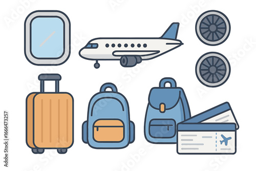 Travel and tourism icon collection. Flight essentials with airplane, suitcase, backpack, boarding pass, porthole, and jet engine. Vector airline journey and vacation elements.