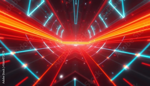 A vibrant, futuristic neon tunnel with glowing red, orange, and blue lines, representing high-speed data transfer or a digital journey. Ideal for technology, connectivity, or sci-fi themes.