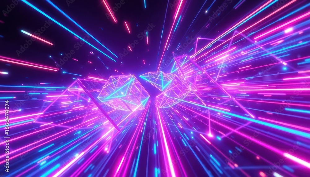 Fototapeta premium Abstract neon light trails and glowing geometric wireframe shapes create a dynamic, futuristic cyber tunnel effect. Ideal for technology, gaming, or digital concepts.