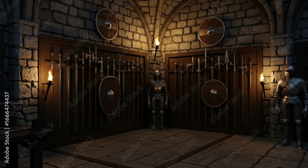 Fototapeta premium Medieval armory gate with knightly armor guard displaying a collection of swords and shields inside a stone fortress providing historical and fantasy appeal 150 200 words