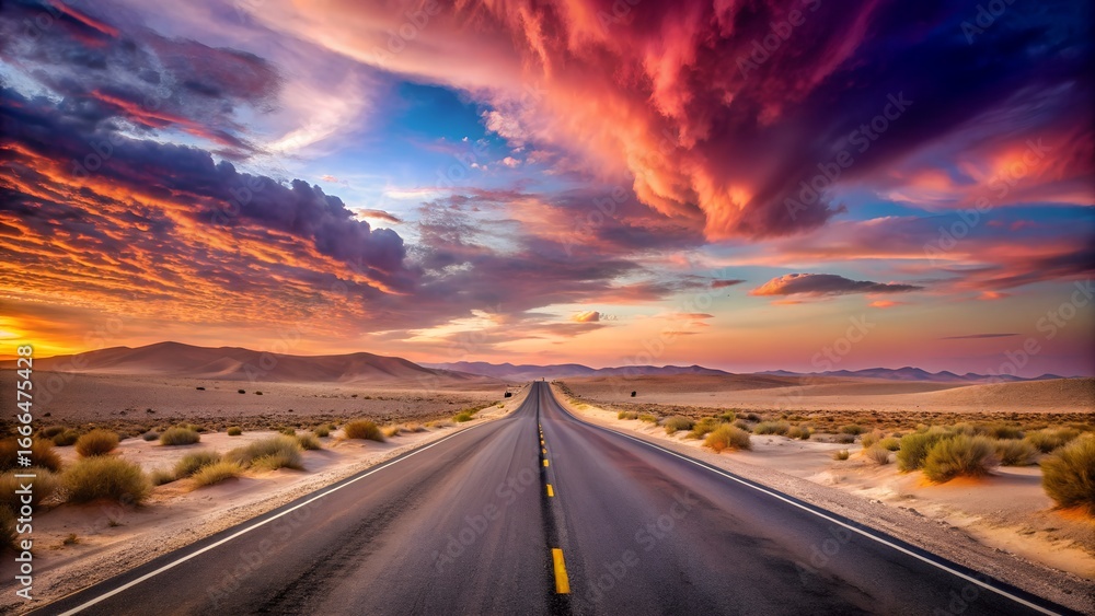 Naklejka premium Desert highway at sunset with dramatic sky
