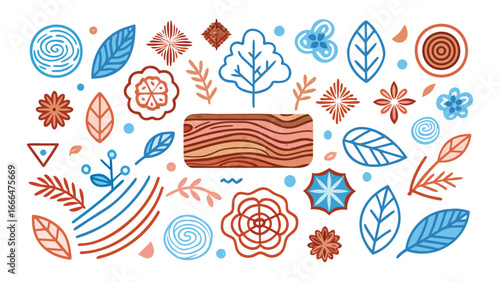 Botanical arrangement featuring leaves flowers wood grain and geometric shapes in blue and orange hues