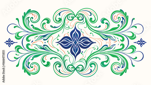 Ornate floral design with green swirls and a central blue flower creating a symmetrical pattern