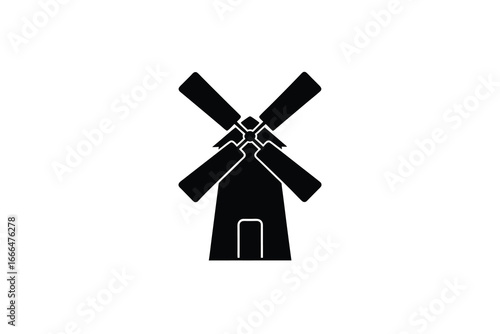 A simple black silhouette of a traditional windmill with rotating blades