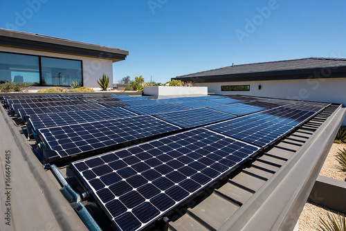 Solar panels on a residential house roof Keywords: solar panels, solar energy, renewable energy