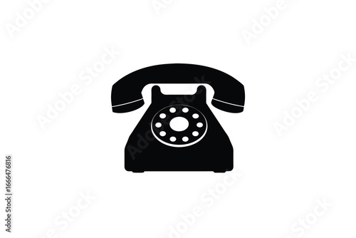 A black and white illustration of a classic rotary telephone device silhouette