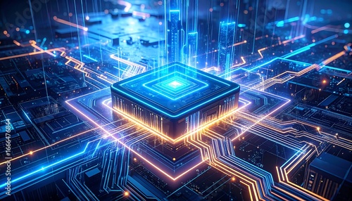A complex circuit board with processor chips and digital paths illustrates the futuristic concept of cyberspace and electronic communication
