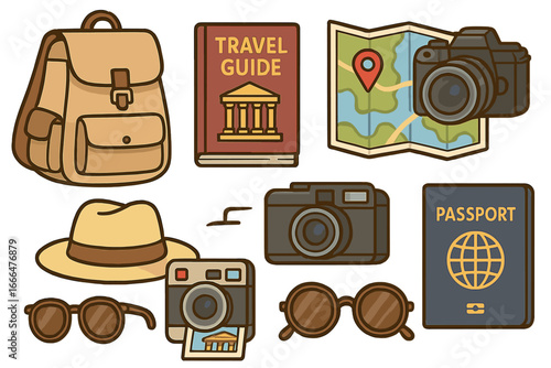 Travel and tourism essentials for exploring historical sites. Vector cartoon set with backpack, camera, passport, map, and guide book. Adventure and vacation concept icons.