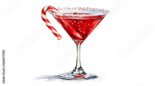 Festive Red Christmas Martini Cocktail with Candy Cane Watercolor Splash