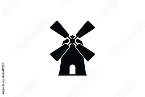 A black silhouette of a traditional windmill with rotating blades on a white background