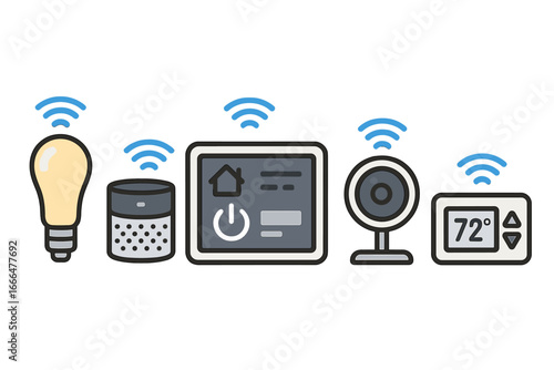 Smart home devices icon set. Vector cartoon illustration of IoT technology for home automation. Includes smart light, speaker, hub, security camera, and thermostat icons.