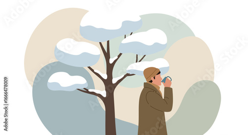 Man enjoying winter warmth with coffee near snow laden tree