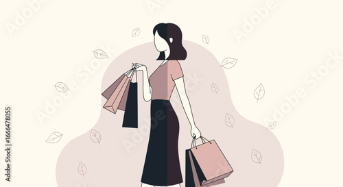 Stylish woman enjoys shopping spree with bags and fall leaves