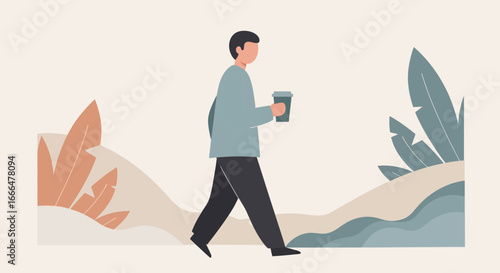 Man strolling with coffee, modern minimalist lifestyle scene