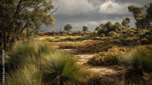 Dried meadow in arid landscape with ominous sky. Drought conditions. Land use