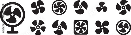Fan blade icon set, black silhouette style, various designs and shapes, airflow ventilation symbols, engineering graphic elements, isolated collection