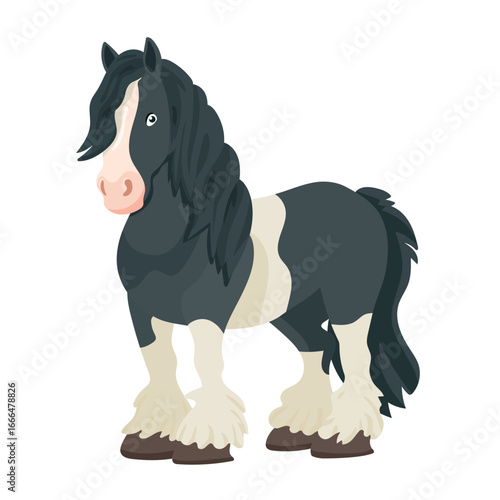 Gypsy Vanner horse. Flat vector clipart, illustration with isolated background.