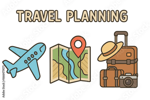 Travel planning concept with vacation essentials. Vector icon set with airplane, map, location pin, and luggage for a journey. Adventure and tourism trip illustration.