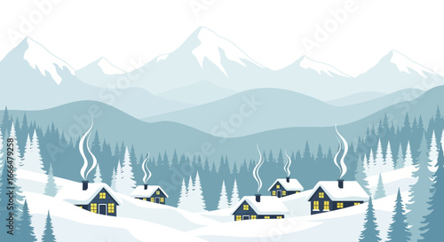 Cozy winter village nestled in snowy mountains landscape scene
