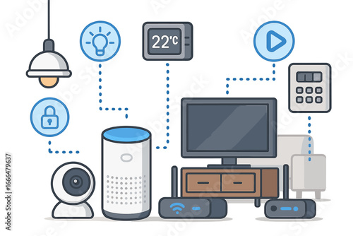 Smart home automation concept. Internet of Things (IoT) technology with connected devices. Voice assistant, security camera, wifi router, smart TV vector illustration set.