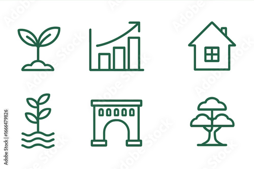 Set of green line icons for business growth, real estate, and ecology. Vector symbols of plant, tree, house, bridge, and finance chart. Concept of development and investment.
