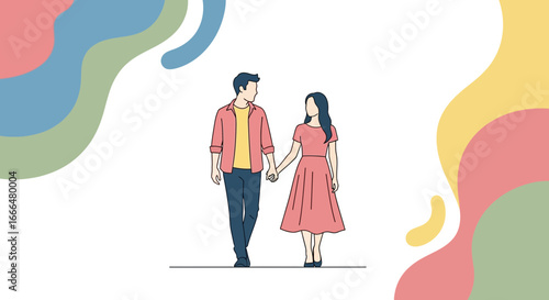 Sweet couple stroll hand-in-hand in modern artistic setting