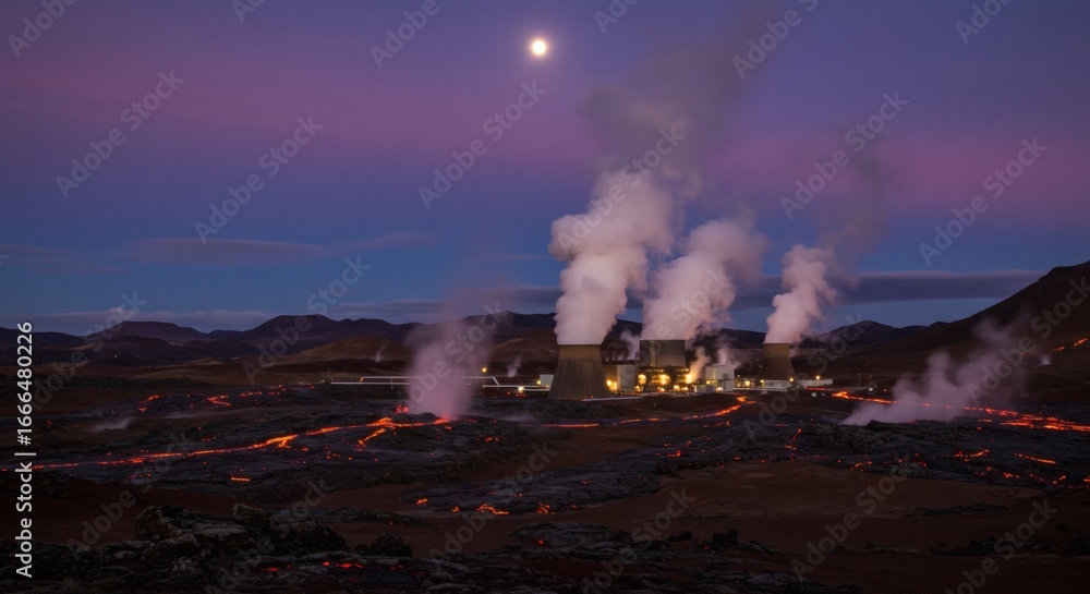 Fototapeta premium Geothermal Plant in Iceland Powering the Future under Moonlit Skies.
