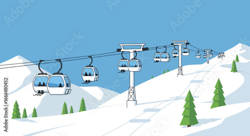 Ski lift ascending snowy mountain with skiers, winter vacation