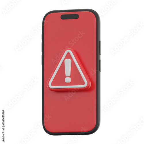 3d render of a red smartphone displaying an alert sign with exclamation mark isolated on transparent background, indicating a warning or error