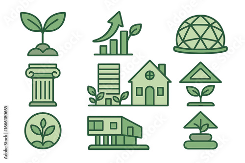 Green building icon set. Eco-friendly architecture and sustainable housing symbols. Real estate growth chart, modern home, plant sprout, and geodesic dome vector icons.