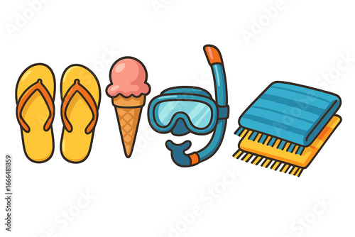 Summer beach vacation essentials set. Collection of cartoon vector icons with flip flops, ice cream cone, snorkel mask, and towel. Flat design elements for travel and leisure.