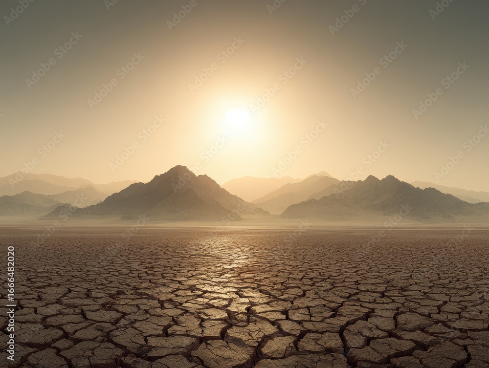 Fototapeta premium Cracked land, desert, mountain range, sunset, dryness, environment, climate issues