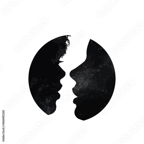 Silhouette of two faces facing each other inside a circle with a textured black and white pattern