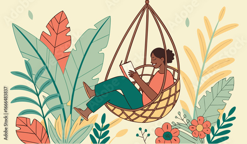 A reading nook with a swing chair hanging from the ceiling surrounded by tropical plants.