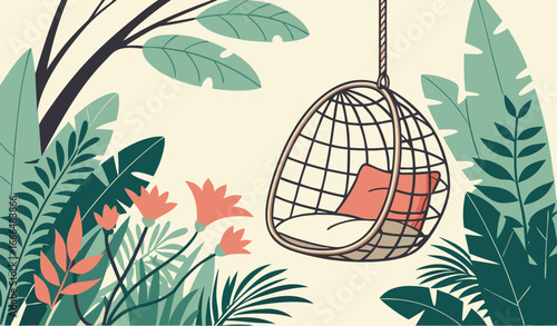 A reading nook with a swing chair hanging from the ceiling surrounded by tropical plants.