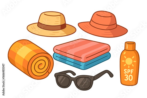 Summer vacation beach essentials set. Sunbathing accessories collection with towel, straw hat, sunglasses, and sunscreen. Vector cartoon illustration for sun protection concept.