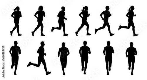 Dynamic silhouettes of runners in motion, capturing speed and athleticism in a stark, high-contrast design. The image embodies movement and the energy of competition.