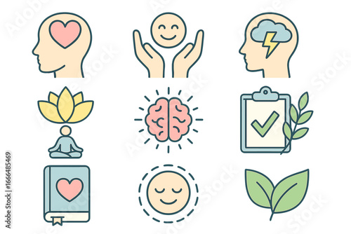 Mental health and wellness icon set. Psychology, self care, mindfulness, meditation and stress management concept. Brain, heart, yoga and emotion symbols. Vector line illustration.
