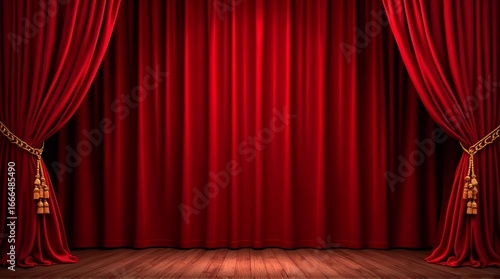 A stage with red velvet curtains parted on both sides revealing a wooden floor in the center stage