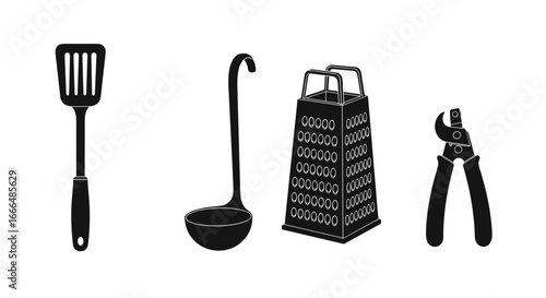 A collection of essential kitchen utensils including a spatula, ladle, grater and nippers