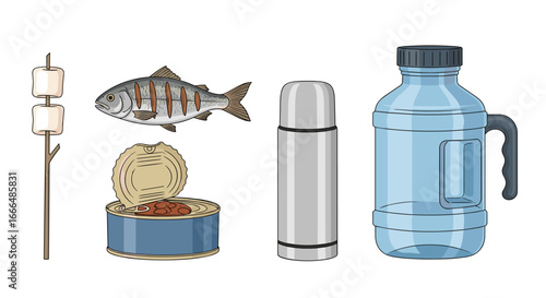 A collection of camping essentials, including marshmallow, fish, canned fish, thermos, and water container